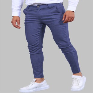 Men skinny casual Tight elastic pants white trousers小脚裤男
