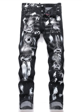 Men Ripped Patchwork Painted Jeans 男破洞贴布油漆直脚牛仔裤