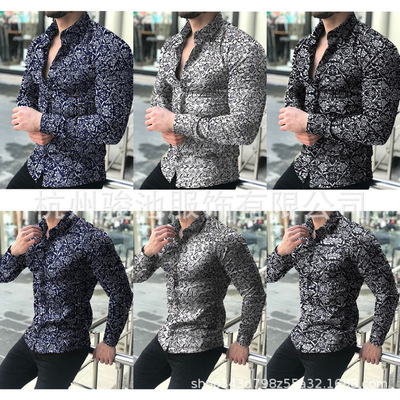 休闲翻领长袖衬衫碎花衬衣男