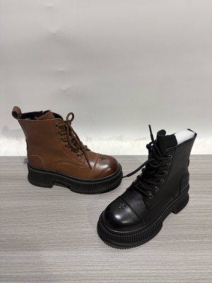 2025秋冬新款特价断码头层牛皮真皮圆头百搭侧拉链系带女马丁短靴