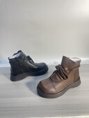 2025冬新特价 断码 头层牛皮真皮圆头厚底休闲侧拉链欧美加绒女短靴