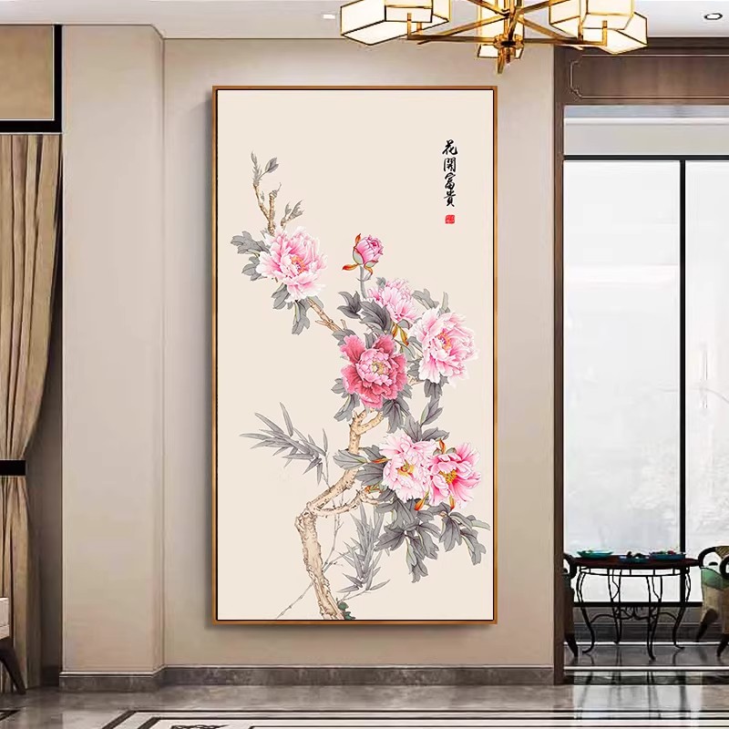 花开富贵入户玄关装饰画牡丹图正对门走廊过道挂画客厅竖版壁画
