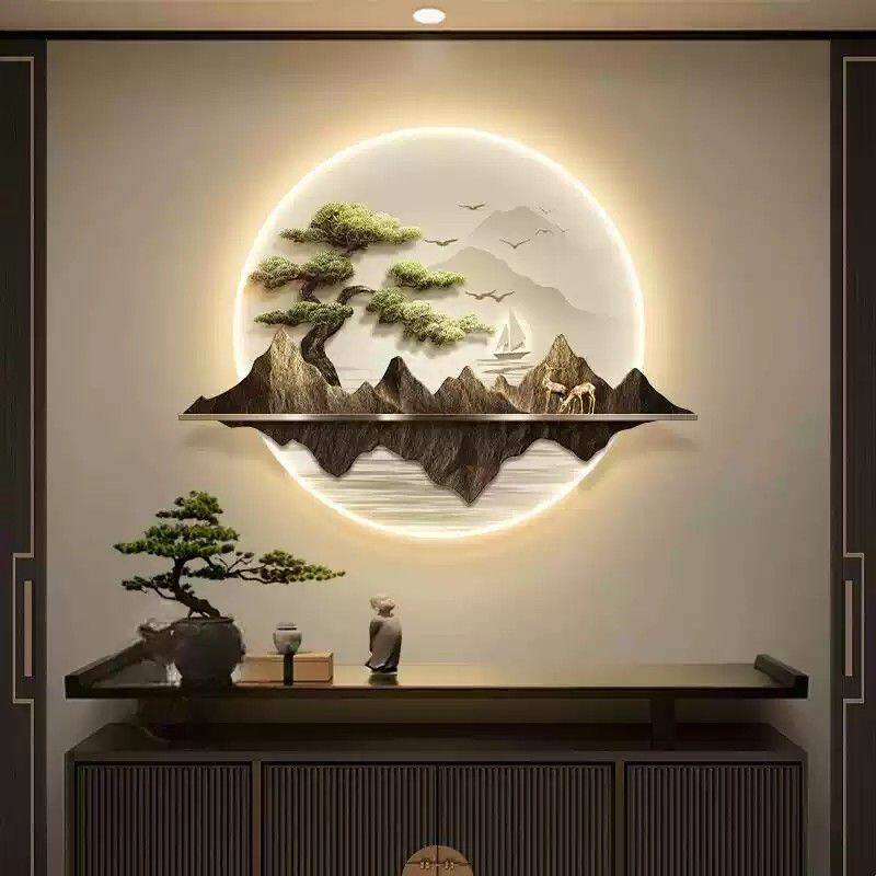 新中式玄关装饰画圆形入户迎客松山水壁灯画高档禅意茶室书房挂画