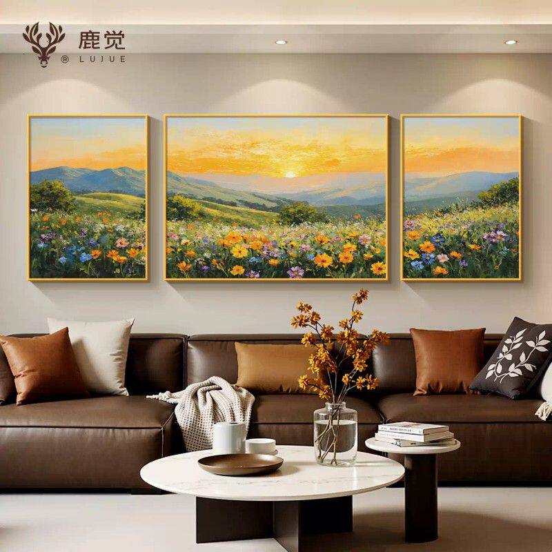 日出东方客厅装饰画沙发后挂画旭日东升卧室床头画三联画风景油画