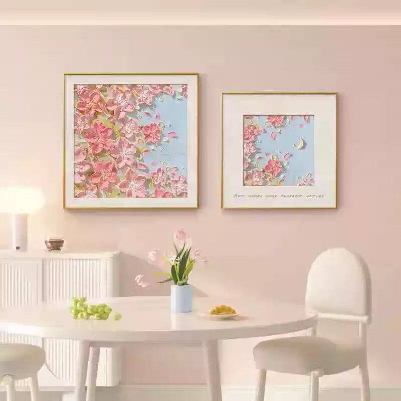 奶油风餐厅装饰画抽象多巴胺花卉肌理正方形餐桌画高级感客厅壁画