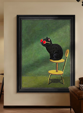 中古风小众客厅装饰画黑色猫咪包豪斯手绘油画绿色高级感玄关挂画