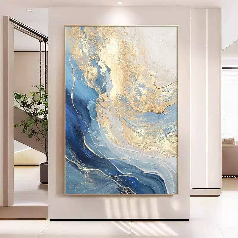 现代轻奢客厅装饰画抽象蓝色入户玄关壁画高档金箔沙发背景墙挂画