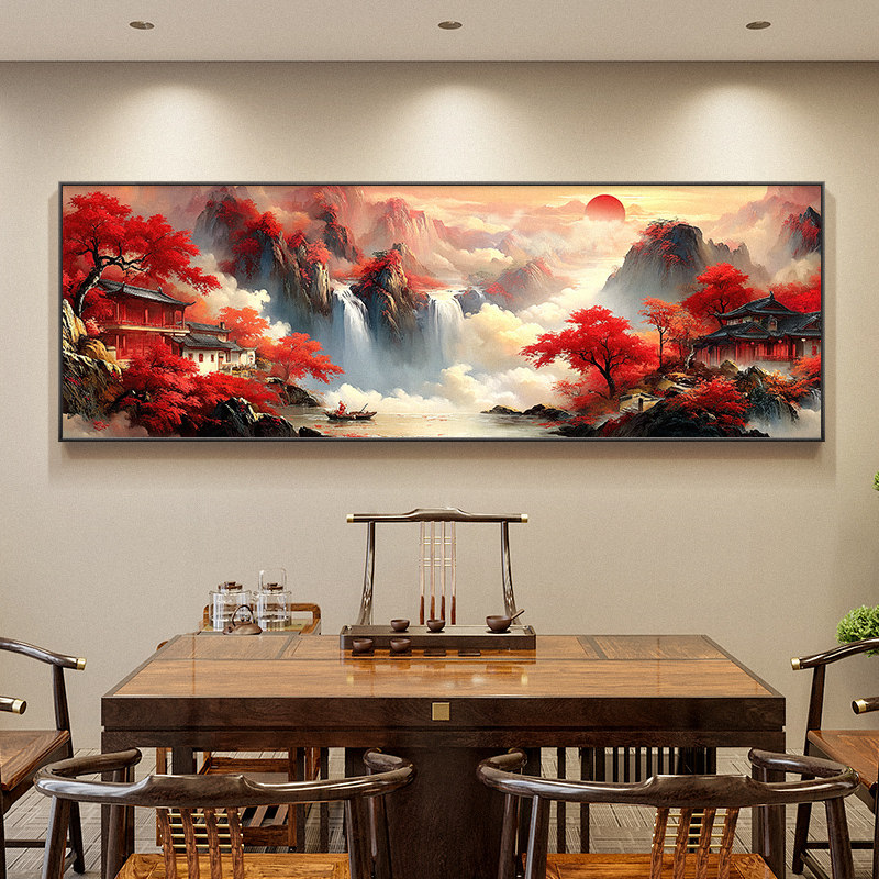 鸿运当头客厅装饰画新中式流水生财茶室挂画山水沙发背景墙面壁画