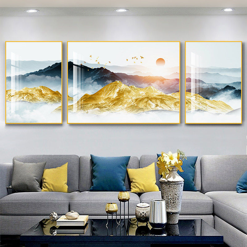 背靠金山客厅装饰画现代轻奢沙发背景墙三联挂画新中式山水画壁画