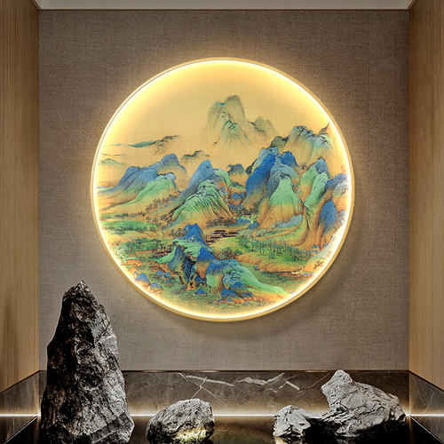千里江山图玄关装饰画圆形led灯壁画国画山水画入户走廊过道挂画