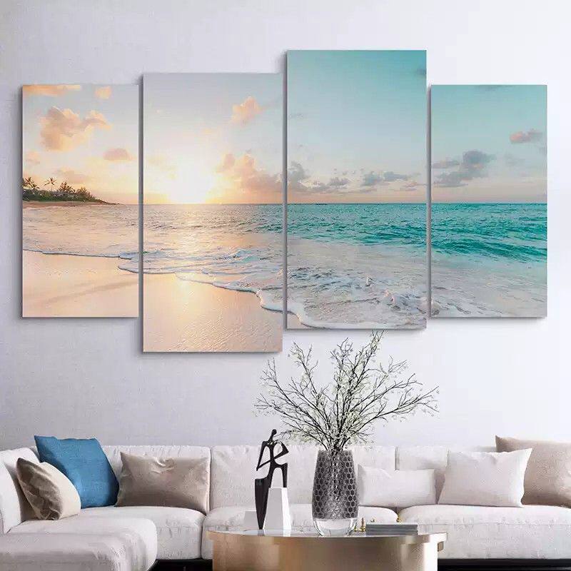 客厅大海挂画海景日出海边风景沙发背景墙装饰画卧室墙面四联壁画