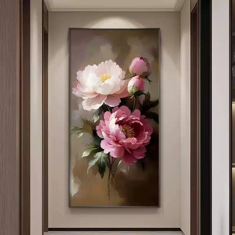 现代简约入户玄关装饰画牡丹花卉挂画客厅高级感走廊尽头过道壁画