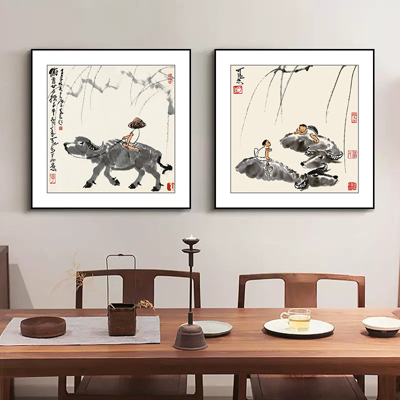 李可染水墨山水画国画新中式玄关走廊装饰画客厅书房挂画牧五牛图
