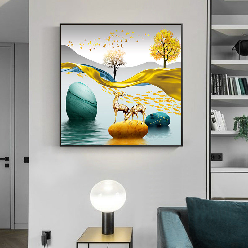入户门正对墙客厅挂画大气轻奢高级装饰画正方形玄关餐厅画鹿壁画