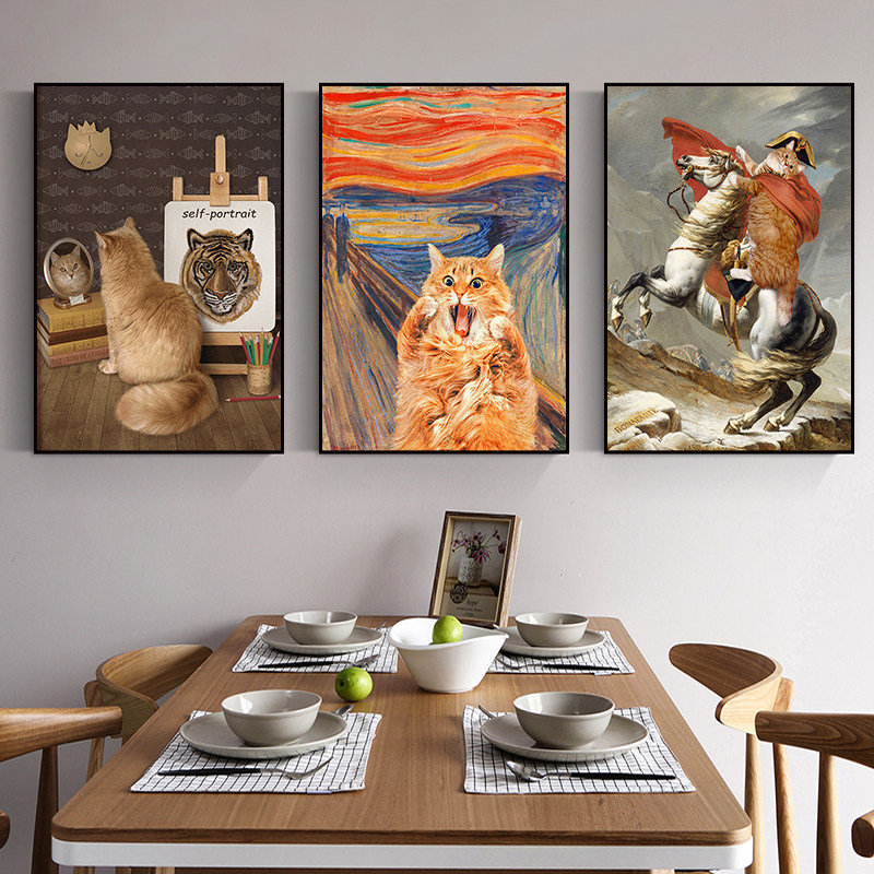 猫咪挂画宠物世界名画恶搞小猫油画搞怪艺术装饰画卧室卫生间壁画