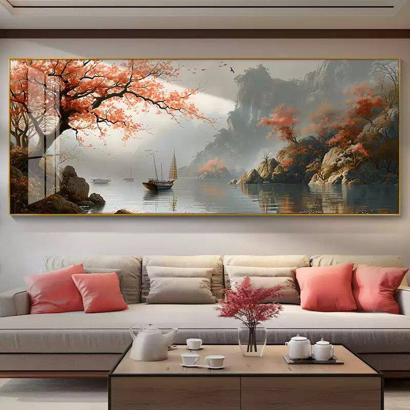 新中式客厅装饰画一帆风顺办公室山水风景壁画茶室沙发背景墙挂画