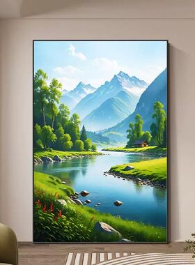 流水生财入户进门装饰画客厅背景墙挂画玄关走道餐厅山水风景壁画