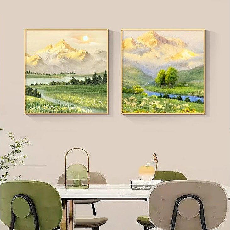 现代简约餐厅装饰画日照金山饭厅餐桌挂画北欧山水风景高级感油画