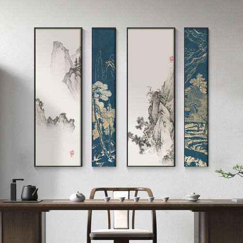新中式客厅沙发背景墙装饰画书房茶室壁画山水画办公室挂画四联画