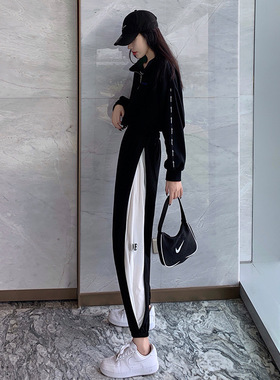 灰色运动裤女春秋宽松显瘦高腰休闲bf裤子秋ins潮束脚裤H378