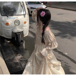 设计感A字中长裙 甜美学院风一字肩蝴蝶结连衣裙女小个子春秋新款