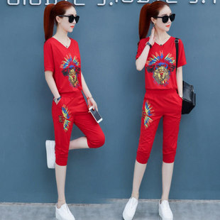 短袖 夏季 七分裤 女欧美风跨境修身 T恤上衣休闲两件套 显白显瘦套装