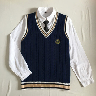 春秋新款套装女学生韩版宽松领带衬衫+学院风针织毛衣马甲两件套