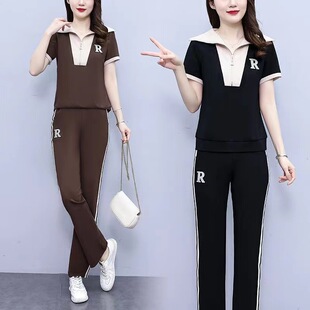 新款 200斤胖mm时尚 女夏季 套装 减龄宽松遮肉休闲两件套 海军领大码