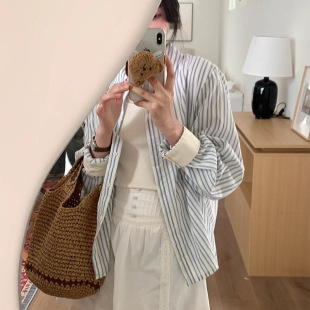 休闲气质刺绣蓝条纹衬衫 宽松显瘦韩系chic别致 女2025春秋新款