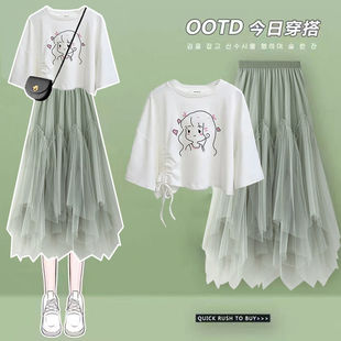T恤 小清新套装 宽松印花短袖 女学生韩版 不规则纱裙两件套 2022夏季
