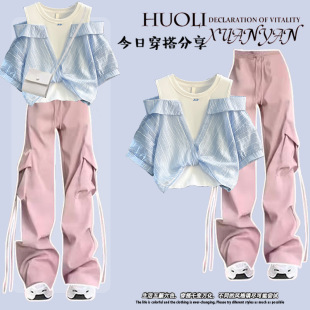 显瘦宽松短袖 女学生韩版 t恤 帅气工装 两件套潮 夏季 裤 甜酷套装