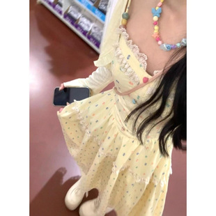 温柔风长裙女夏季 糖果甜心法式 收腰显瘦蕾丝拼接甜美吊带连衣裙