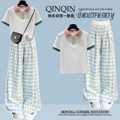 大童Polo衫 套装 短袖 T恤青少年夏装 两件套 女学生夏季 休闲裤 阔腿裤