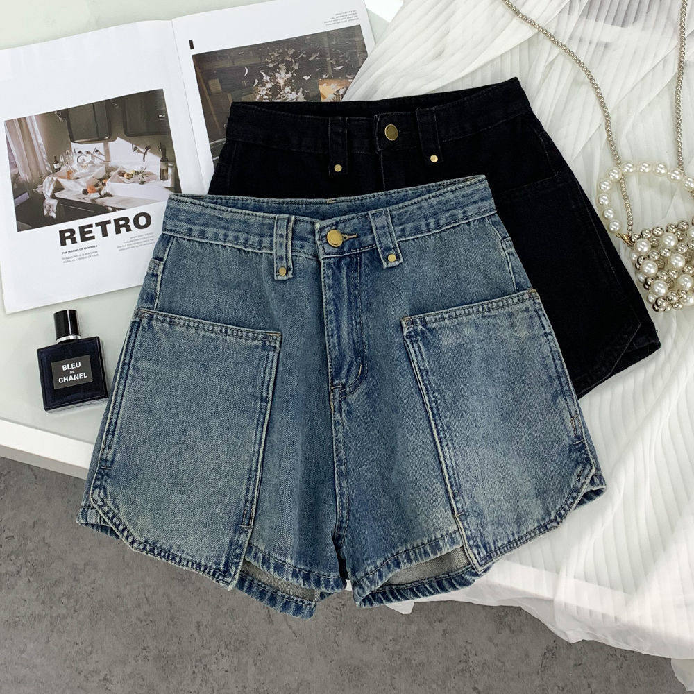 设计感双口袋超短牛仔短裤女2025新款高腰宽松显瘦A字阔腿热裤