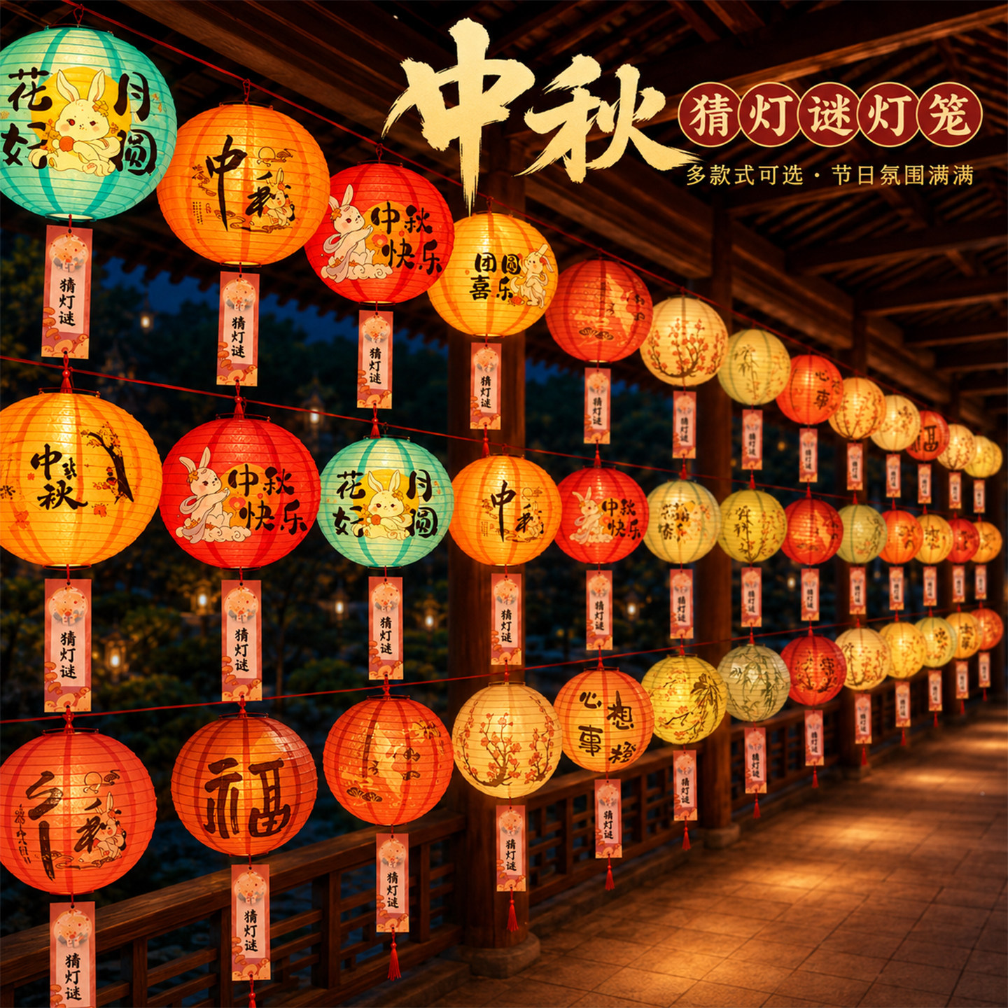中秋节纸灯笼国古风猜灯谜绸布防水灯笼场景社区氛围布置串联装饰