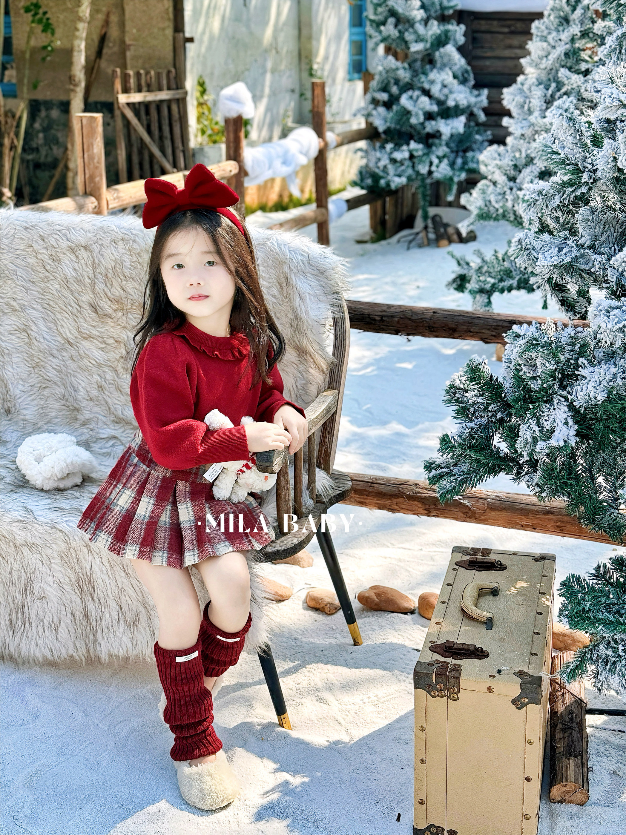 MILA BABY冬季新款女童圣诞红色毛衣儿童新年上衣格子毛呢半裙