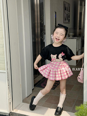 MILA BABY2026夏季新款女童可爱印花T恤女宝粉色格子百褶裙半裙