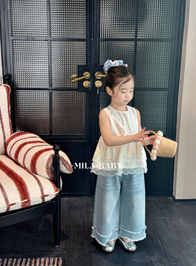 MILA BABY夏季新款女童甜美无袖娃娃衫儿童衬衫背心牛仔裤