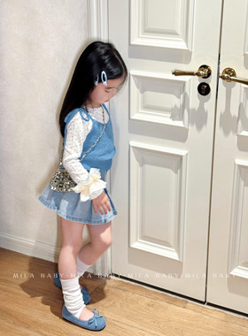 MILABABY2026春季新款女童韩版碎花打底衫系带背心儿童牛仔裙套装