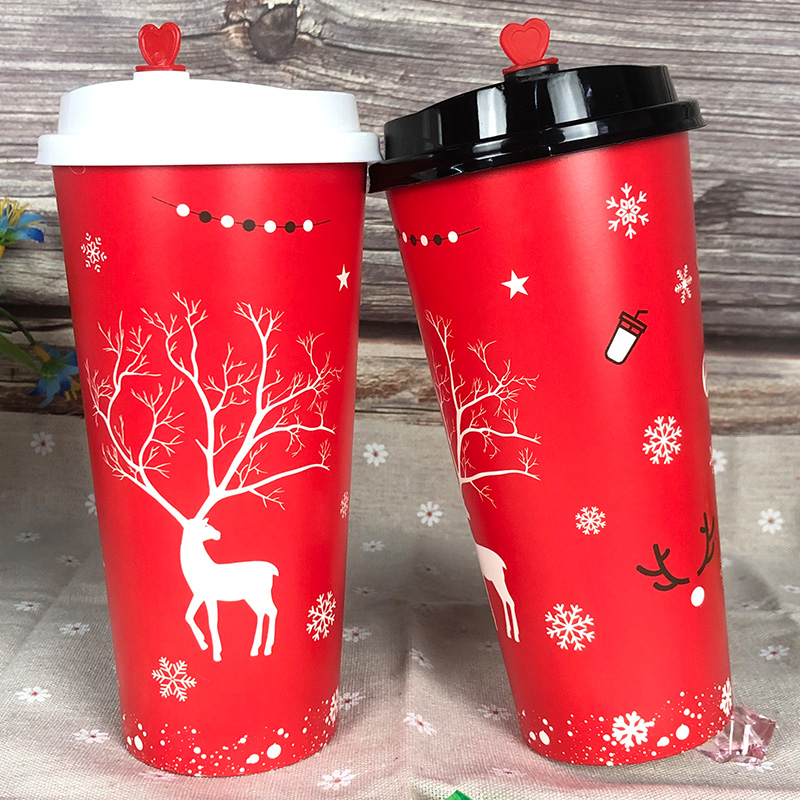 90口径一次性奶茶纸杯子带盖商用