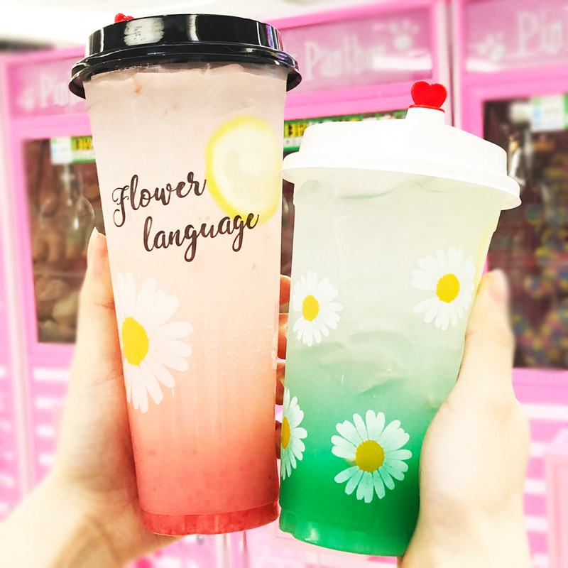 90口径一次性奶茶杯500/700ml塑料杯水果汁饮料杯打包杯带盖定制