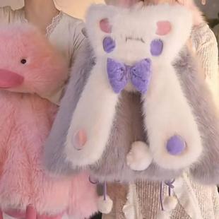 女童香芋兔耳朵连帽防皮草外套2025新款儿童卡哇伊加绒保暖秋冬装