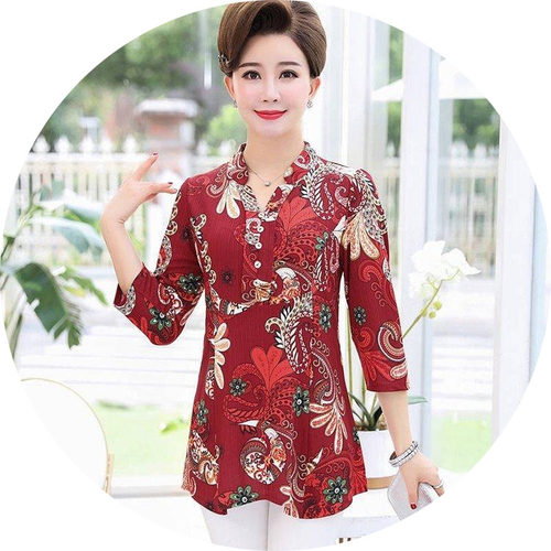 2025夏中袖中老年女装宽松大码妈妈装长袖春秋装打底衬衫上衣恤 - 图2