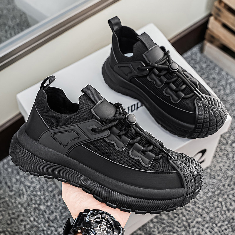 欧洲站男鞋夏季透气飞织运动袜子鞋厚底增高耐磨防臭黑色工作网鞋