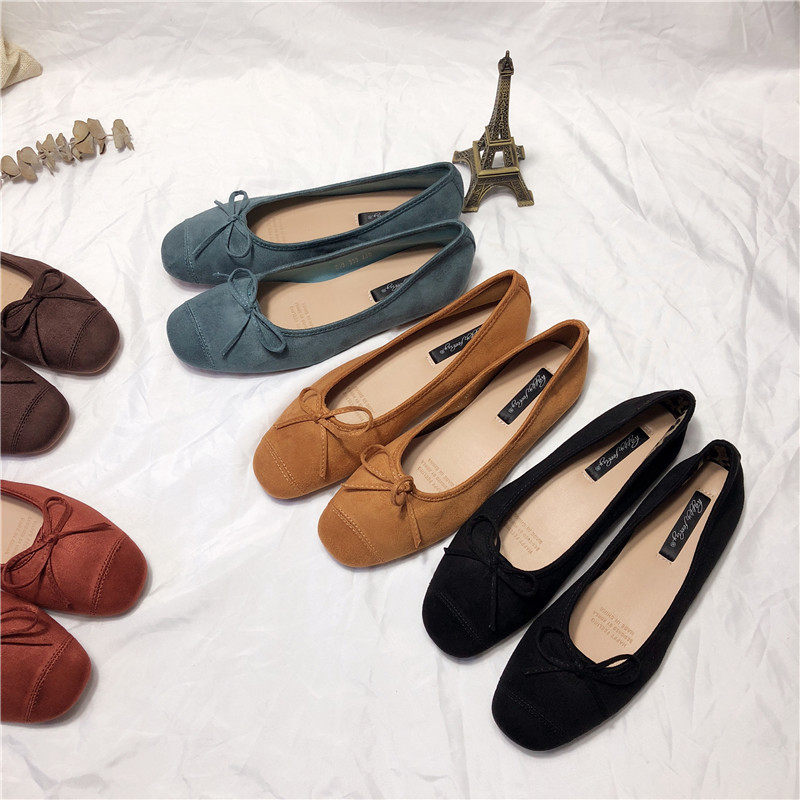 여학생을위한 한국 소형 싱글 신발 발레 스퀘어 발가락 얕은 입 활 미끄럼 방지 스웨이드 플랫 힐 소프트 솔 대형 스쿠프 신발