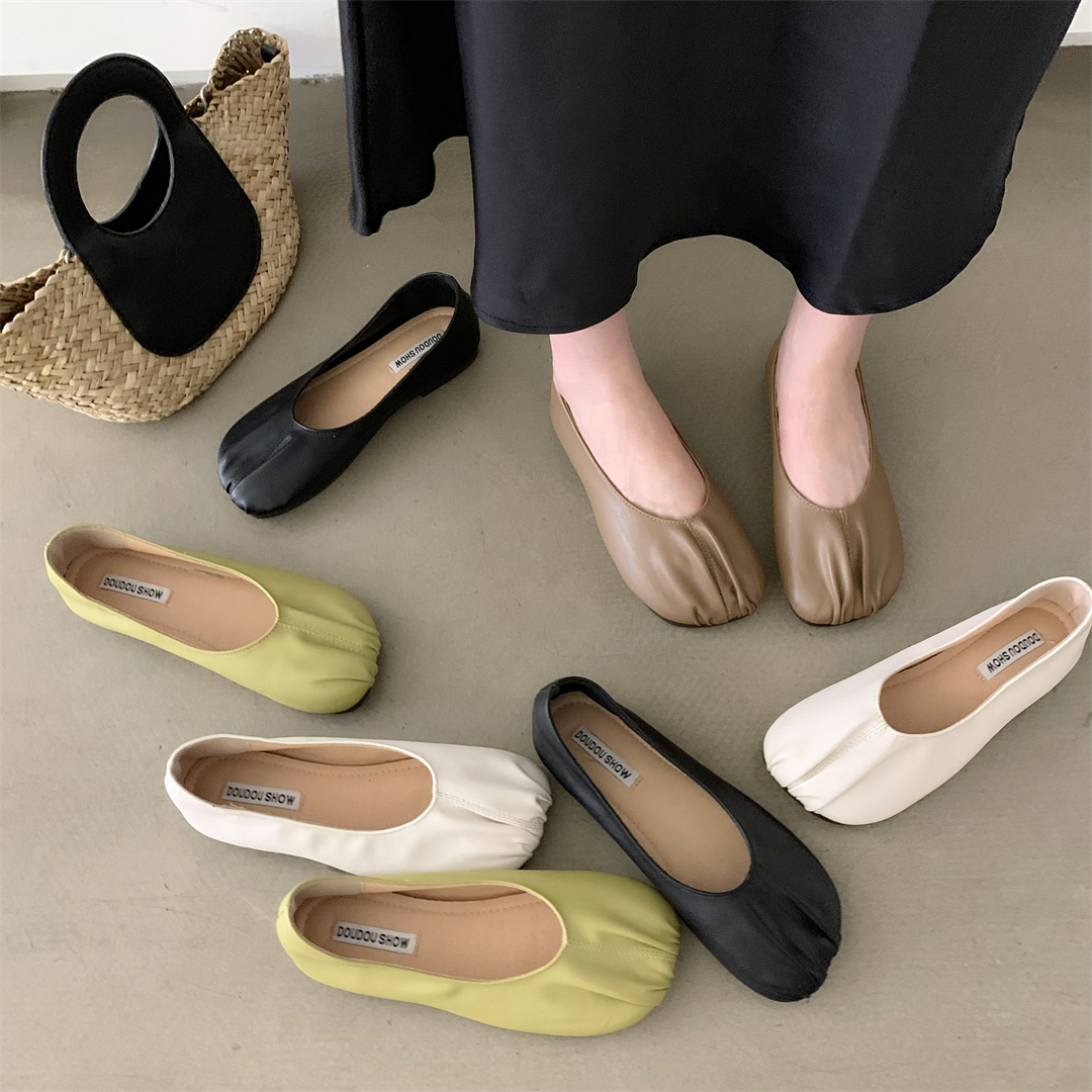 平底一脚蹬软底褶皱奶奶鞋女鞋女