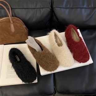 法式复古包头毛毛鞋女外穿2025秋冬新款百搭毛绒一脚蹬加绒单鞋女