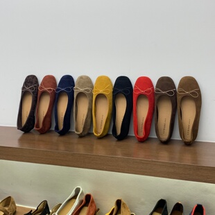 韩系绒面浅口单鞋女2025春秋新款复古一脚蹬豆豆鞋女平底芭蕾舞鞋