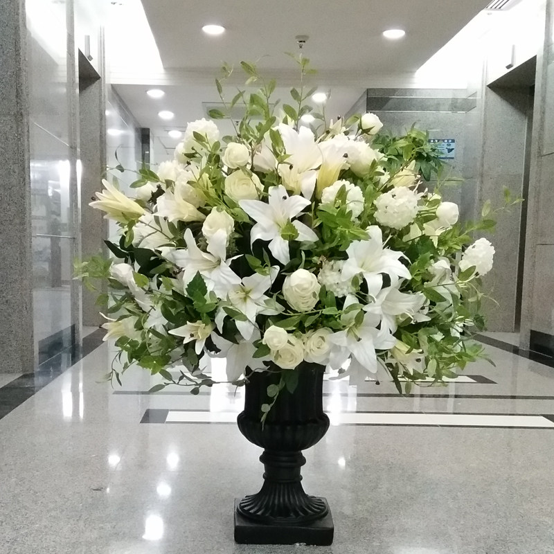 南园酒店大堂大型落地仿真花艺摆放现代新中式室内绿植装饰盆景