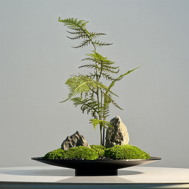 新中式仿铜铁艺金属花器前台茶室禅意仿真文竹青苔盆栽桌装饰摆件